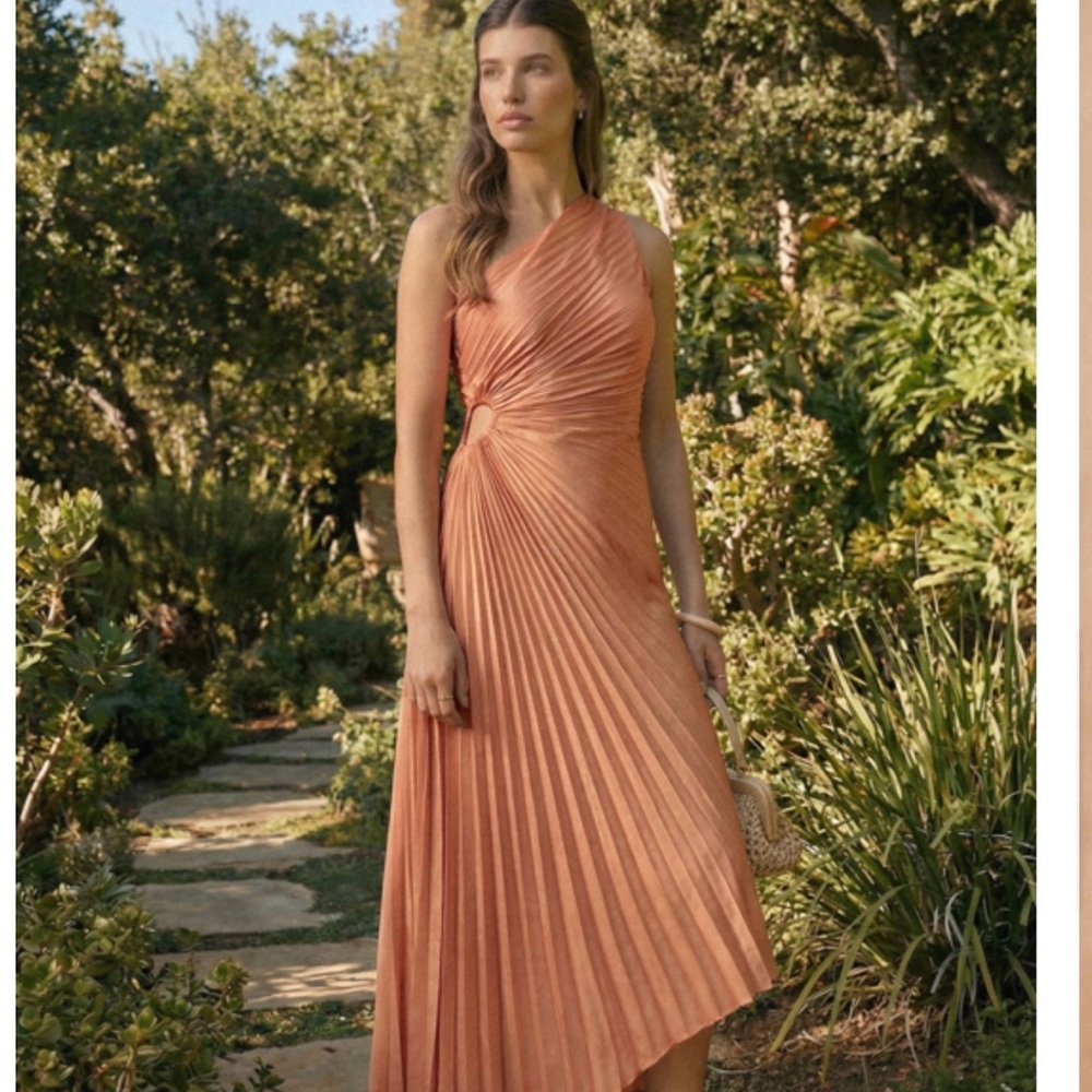 Dress Forum One-Shoulder Pleated Midi Dress in Peach